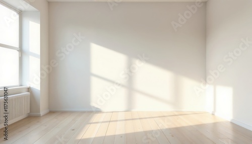 Wallpaper Mural Minimalist bright room with large window, light-colored wooden floor, white walls, radiator below the window, and sunlight casting long shadows to create a spacious, serene, and airy contemporary inte Torontodigital.ca
