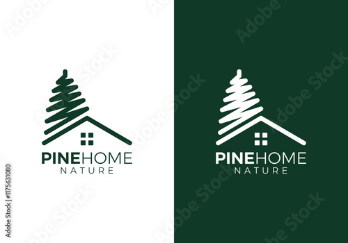 simple pine tree with house logo. real estate, forest, natural wood vector design concept