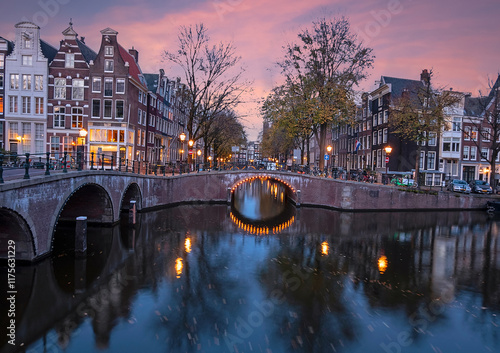 Beautiful sunset at the Keizersgracht in Amsterdam the Netherlands photo