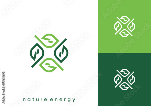 green energy logo. leaf with lightning combination symbol vector design