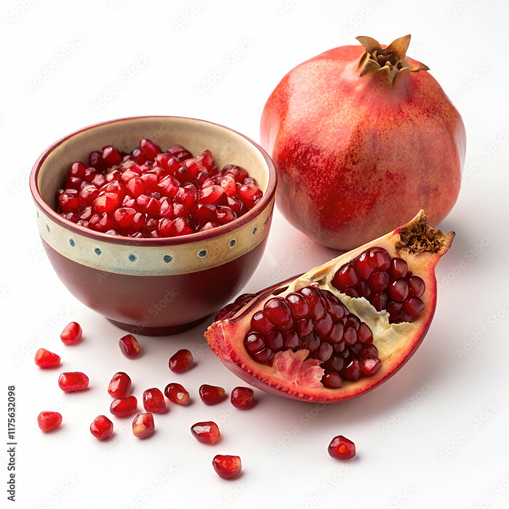 Fresh pomegranate seeds in bowl and sliced pomegranate on white background Fresh pomegranate seeds in bowl and sliced pomegranate on white background