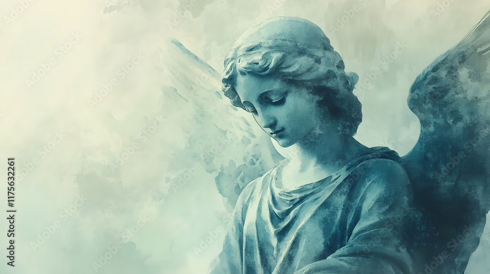 Obraz premium Serene Angel Statue with Wings in Watercolor Style