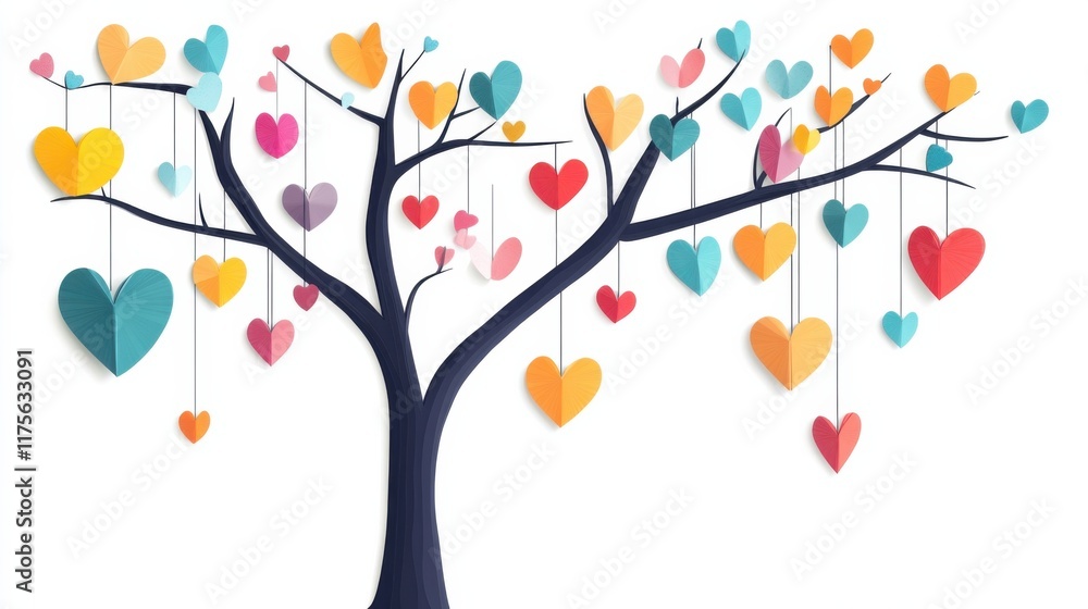 Elegant vector illustration of a tree with delicate paper leaves and colorful heart ornaments hanging from branches, set against a minimalist white backdrop. Elegant vector illustration of a tree with delicate paper leaves and colorful heart ornaments hanging from branches, set against a minimalist white backdrop.