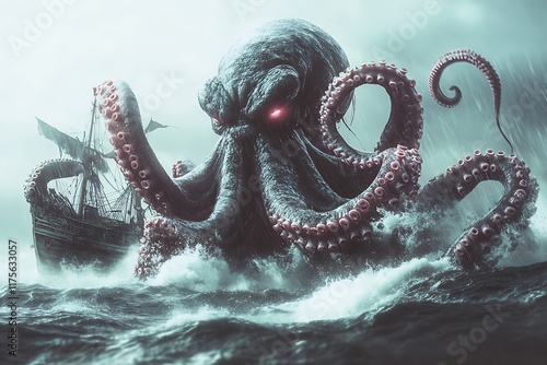 Obraz na płótnie Kraken, scary giant squid octopus with dark eyes, sea giant, ocean, boat killer, mythical ocean creature. Photo realistic, concept art, cinematic light w salonie