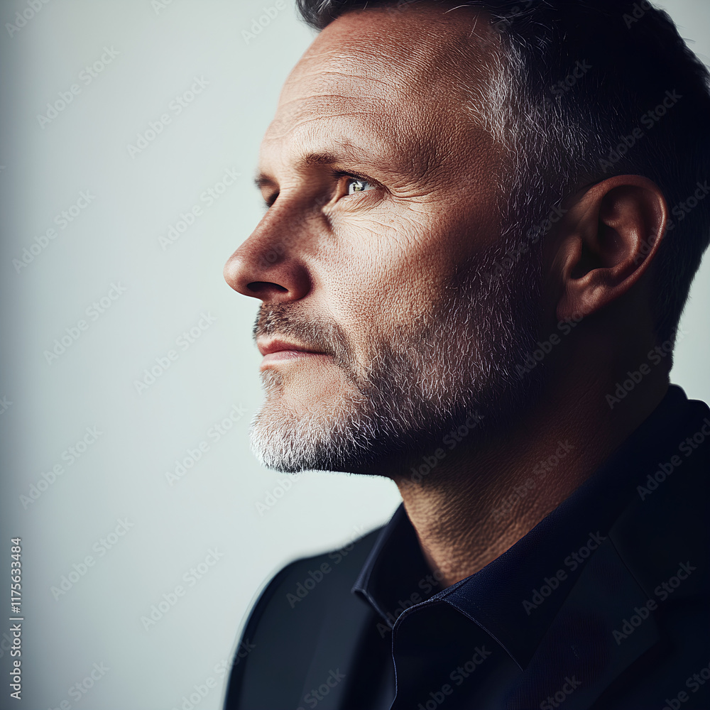 Obraz premium Profile portrait of a middle-aged man with a reserved and serious expression on his face. A sharp chin and slightly furrowed eyebrows. Dark suit, fine stubble. diffused light, white background