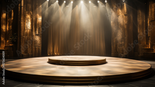 Golden Elegance on Stage Luxurious Drapes and Lights photo