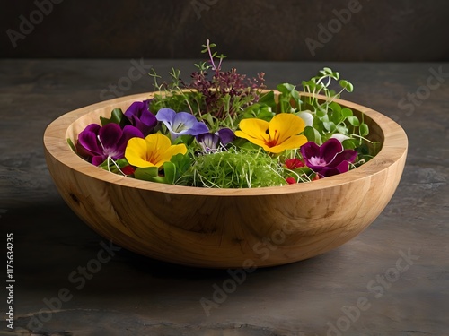 Vibrant Edible Flower Salad in Wooden Bowl photo