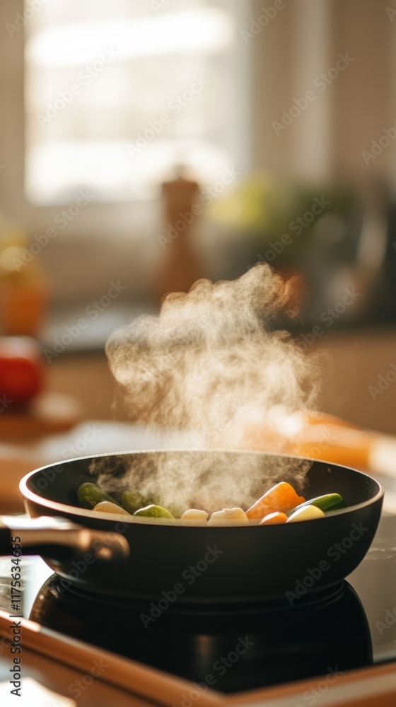 Colorful vegetables are steaming while cooking in a frying pan placed on a modern induction stove, filling the kitchen with delicious aromas and promising a healthy meal Colorful vegetables are steaming while cooking in a frying pan placed on a modern induction stove, filling the kitchen with delicious aromas and promising a healthy meal