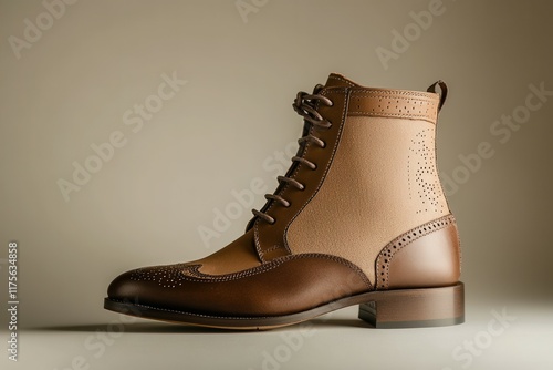 Elegant leather brogue boot in neutral lighting for fashion design and styling. photo