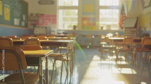 Wallpaper Mural Soft focus on empty desks in an elementary school classroom evokes nostalgia and anticipation Torontodigital.ca