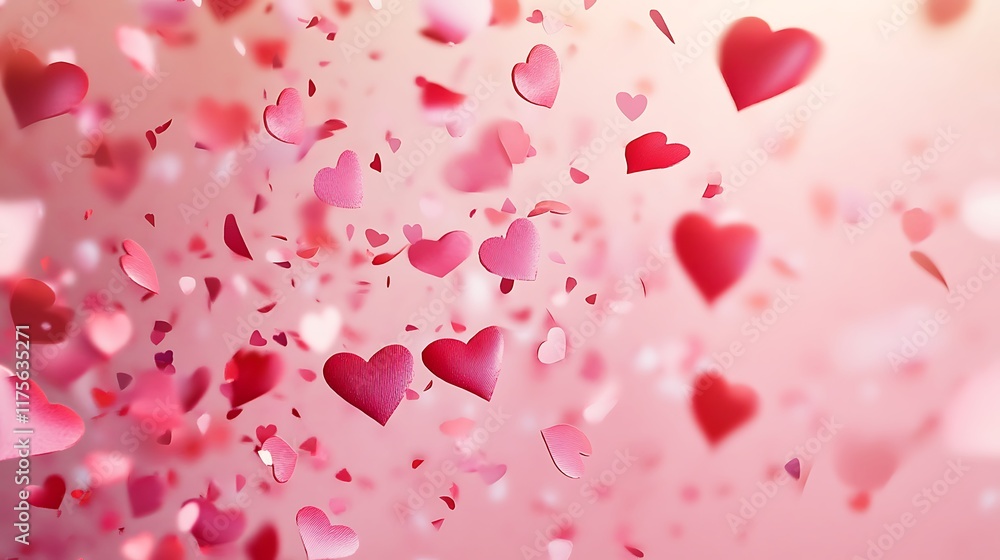 Heart-shaped confetti in shades of pink and red falling against a soft pink backdrop Heart-shaped confetti in shades of pink and red falling against a soft pink backdrop