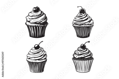 Hand-drawn cupcake Illustration with Cherry Topping