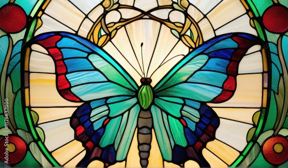 Naklejka premium A vibrant stained glass butterfly, its wings a kaleidoscope of blues, greens, and reds, bathed in warm light.