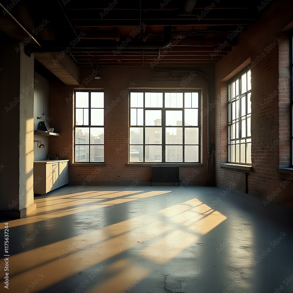 An image showing an interior space with exposed brick walls, large windows, and a concrete floor, illuminated by sunlight. An image showing an interior space with exposed brick walls, large windows, and a concrete floor, illuminated by sunlight.