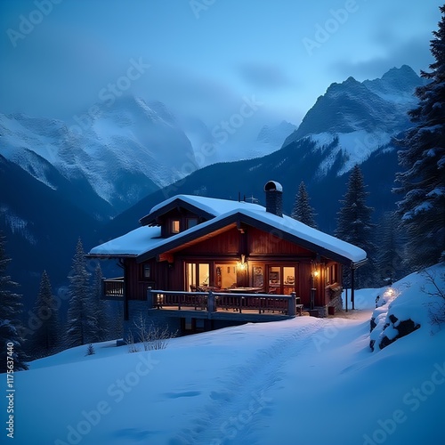 A cozy chalet nestled in a snowy mountain landscape, its exterior bathed in warm light, creating a serene and inviting atmosphere.