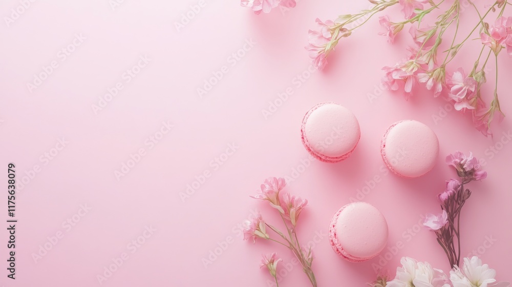 Delicate Pink Macarons and Flowers. Sweet Spring Arrangement Delicate Pink Macarons and Flowers. Sweet Spring Arrangement