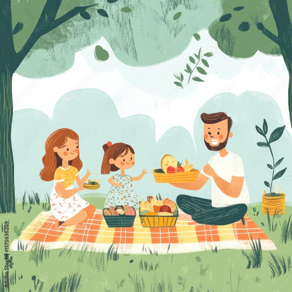 Obraz premium A family enjoys a picnic on a blanket in a green park with fruits and cheerful interactions.