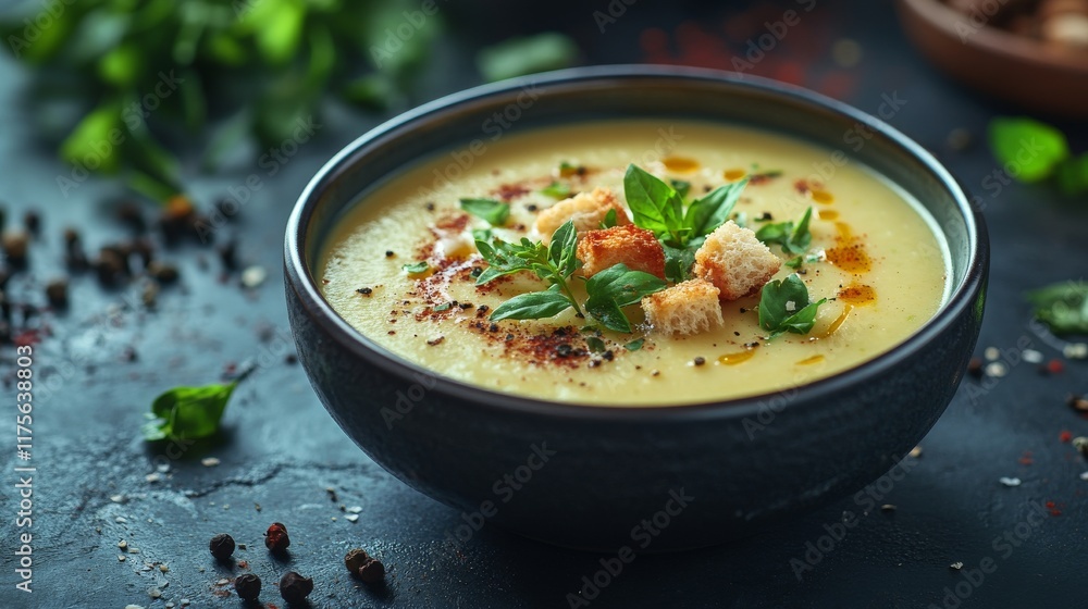A minimalistic bowl of creamy green vegetable soup garnished with croutons and fresh herbs on a dark textured surface A minimalistic bowl of creamy green vegetable soup garnished with croutons and fresh herbs on a dark textured surface