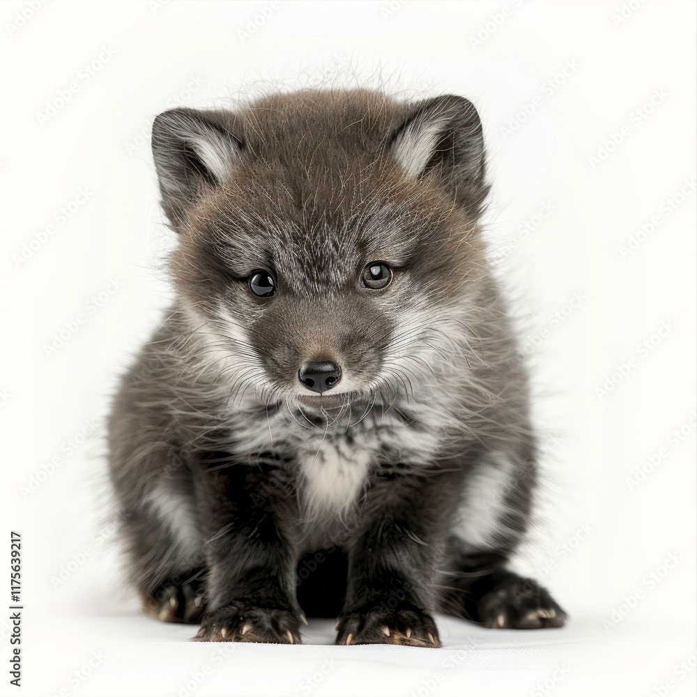 Adorable cross fox kit sitting and staring on a seamless white background Adorable cross fox kit sitting and staring on a seamless white background