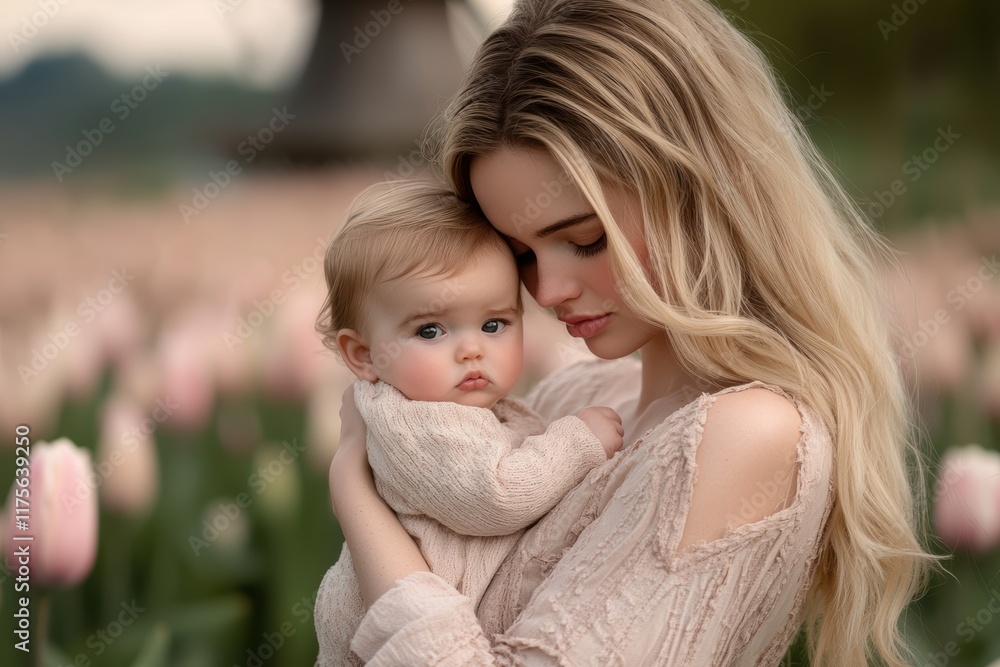woman holding her baby in front of the beautiful tulip field and windmill woman holding her baby in front of the beautiful tulip field and windmill
