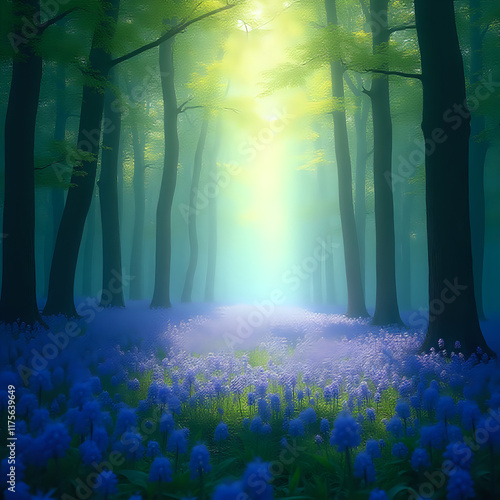 The image captures a serene forest scene where the sun's rays pierce through the canopy of tall trees, casting a warm glow on the carpet of purple flowers below.