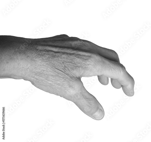 Outstretched hand gesture. Senior woman s wrinkled left hand with fingers extended, veins and arteries visible, symbolizing reaching or attempting to grab something. Dorsal view showcasing non verbal photo