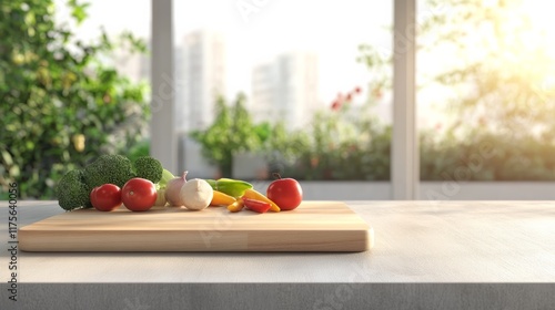 Fototapeta Naklejka Na Ścianę i Meble -  Wooden cutting board featuring an array of fresh vegetables and fruits rests on a kitchen counter, bathed in sunlight from a large window overlooking a lush garden