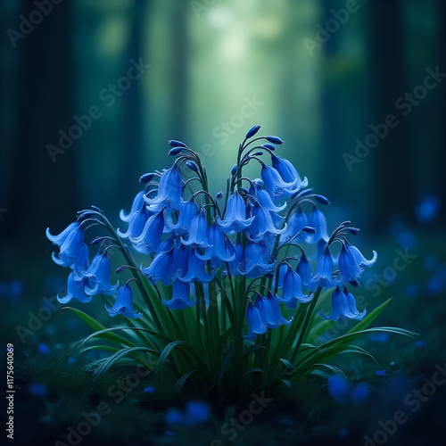 A cluster of blue bell-shaped flowers with light blue petals set against a dark, blurry forest background.