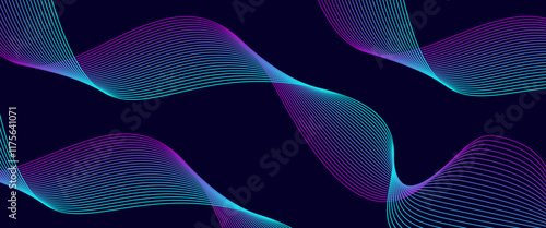 Dark abstract background with glowing wave. Shiny moving lines design element. Modern purple blue gradient flowing wave lines. Futuristic technology