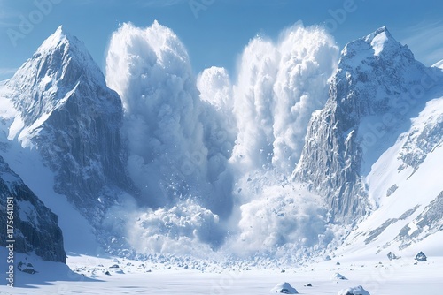 Massive snow avalanche cascading down a mountain peak. AI generated image
