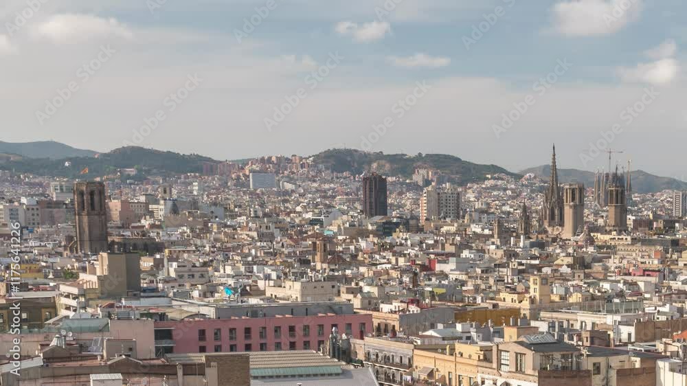 Barcelona Spain time lapse high angle view city skyline at Barcelona Cathedral and city center Barcelona Spain time lapse high angle view city skyline at Barcelona Cathedral and city center