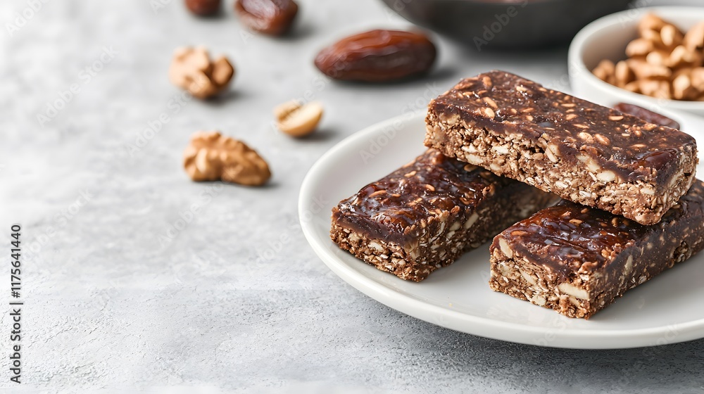 A plate with chocolate energy bars, surrounded by nuts and dates, on a textured surface, showcasing a healthy snack option. A plate with chocolate energy bars, surrounded by nuts and dates, on a textured surface, showcasing a healthy snack option.