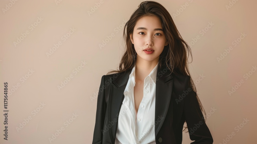 Confident young japanese professional in tailored black suit and white blouse with warm smile Confident young japanese professional in tailored black suit and white blouse with warm smile
