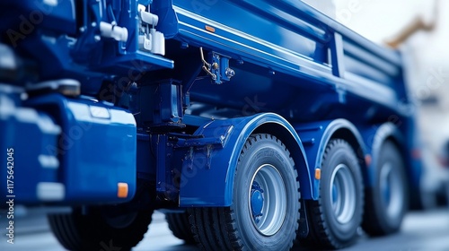 Close-up of a blue truck's rear detail, showcasing wheels and body structure with a blurred background photo