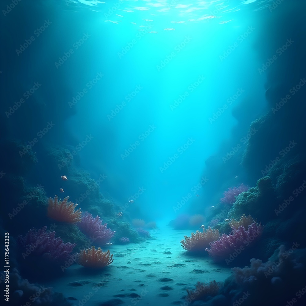 Naklejka premium The image depicts a serene underwater scene with vibrant marine life, including a variety of colorful coral formations and several small fish swimming beneath.