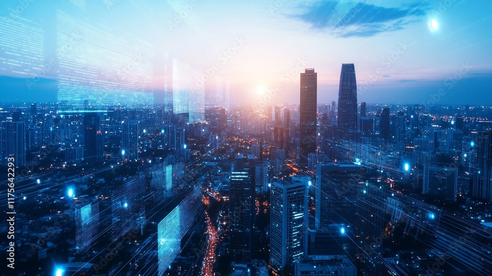 Fototapeta premium A Futuristic city skyline at sunset with glowing holographic elements