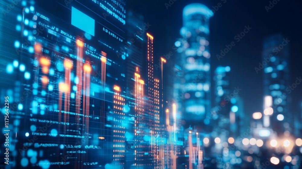 Obraz premium A Futuristic city skyline with glowing data visualizations and lights