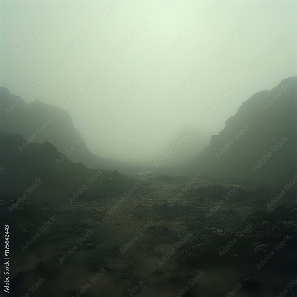 The image depicts a hazy landscape, with a path or road stretching through the middle, flanked by mountains shrouded in mist, creating an atmospheric and mysterious scene.