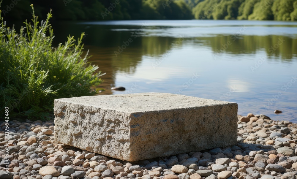 Stone on riverbank in serene nature Stone on riverbank in serene nature