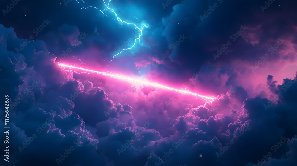 Neon Lightning Strikes Across Purple Cloudscape Neon Lightning Strikes Across Purple Cloudscape