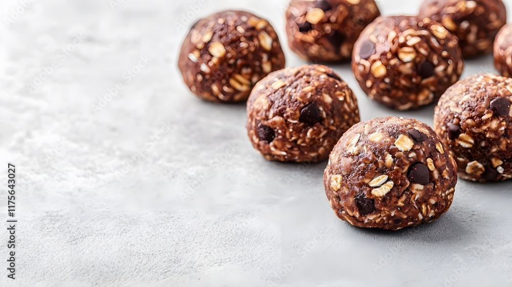 A close-up of nutritious chocolate energy balls made with oats, chocolate chips, and a glossy finish on a light surface. A close-up of nutritious chocolate energy balls made with oats, chocolate chips, and a glossy finish on a light surface.