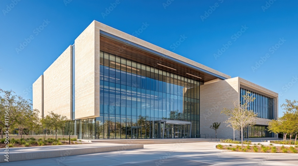 Modern light stone building with large glass facade and landscaping. Modern light stone building with large glass facade and landscaping.