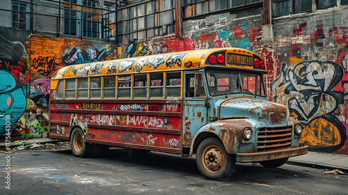 old school bus on the street photo