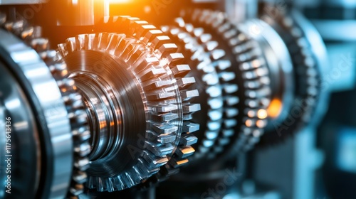 Close-up View of Steel Gears and Mechanical Components in Industrial Machinery with Dramatic Lighting Highlighting Precision Engineering Details photo