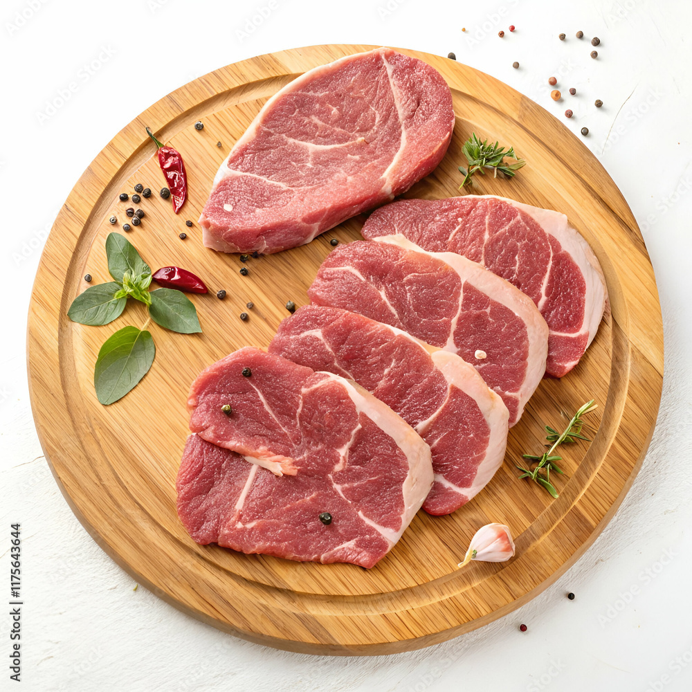 Fresh Pork Chops Ready for Cooking on Wooden Board Fresh Pork Chops Ready for Cooking on Wooden Board