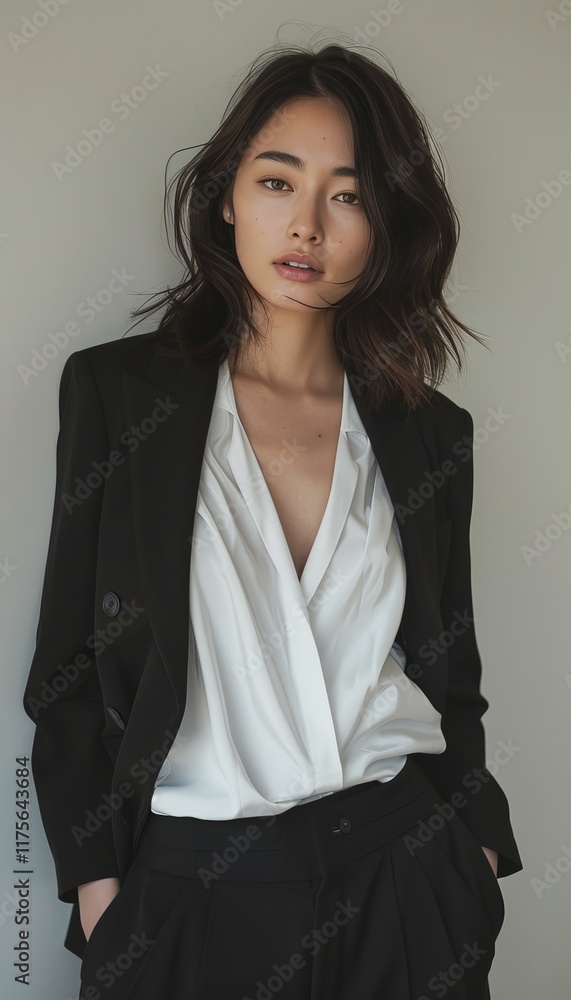 Confident young japanese woman in stylish blouse and tailored suit exuding warmth and poise Confident young japanese woman in stylish blouse and tailored suit exuding warmth and poise