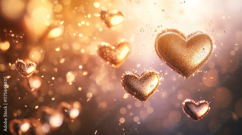 Heart clusters in various sizes floating amidst golden sparkles and soft gradient tones for a Valentine's theme Heart clusters in various sizes floating amidst golden sparkles and soft gradient tones for a Valentine's theme