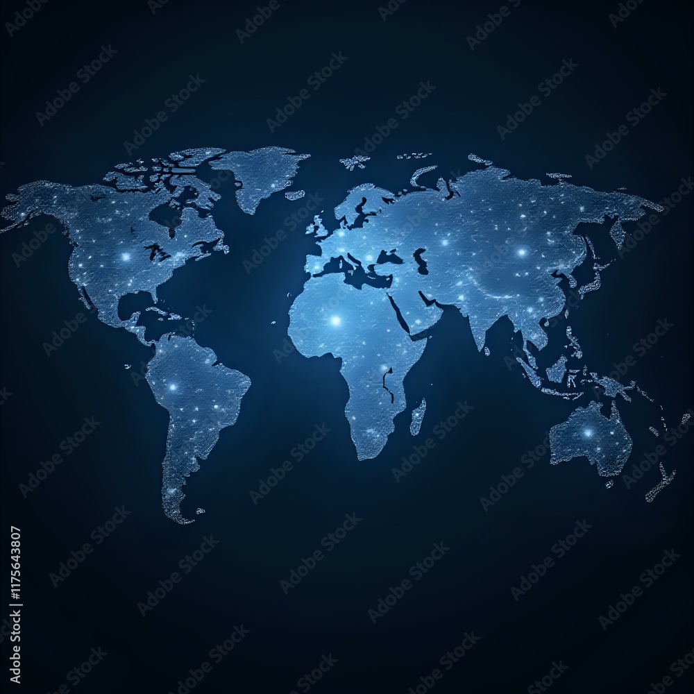 The image is a digital illustration of a world map rendered in blue with glowing, star-like patterns across the landmasses, creating a night-time, starry effect. The image is a digital illustration of a world map rendered in blue with glowing, star-like patterns across the landmasses, creating a night-time, starry effect.