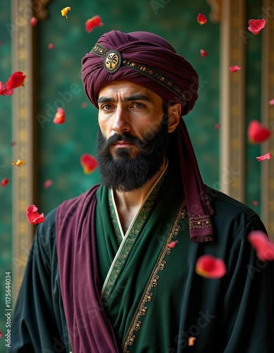 Islamic scholars from various periods of history, smooth facial features, bushy beards, colorful clothes, rose petals flying in the air, marble wall in the background, mystical photo