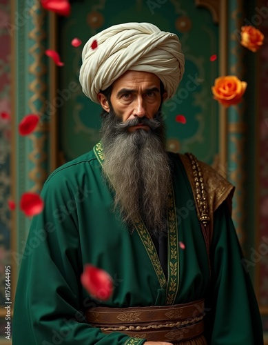 Islamic scholars from various periods of history, smooth facial features, bushy beards, colorful clothes, rose petals flying in the air, marble wall in the background, mystical photo